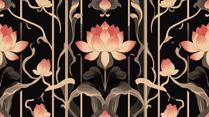 Seamless pattern with lotus flowers on black background. Vector illustration.