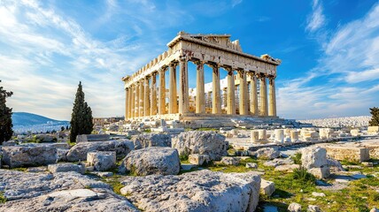 Fototapeta premium The Parthenon stands majestically against a bright blue sky, showcasing ancient Greek architecture and historical significance.