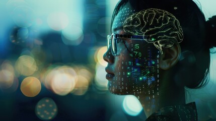 A profile shot of an AI Mate wearing glasses, her head adorned with digital brain imagery and binary code patterns