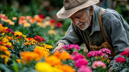 Fototapeta premium An attentive gardener nurtures a vibrant flower patch, highlighting their commitment and the splendor of the natural world.