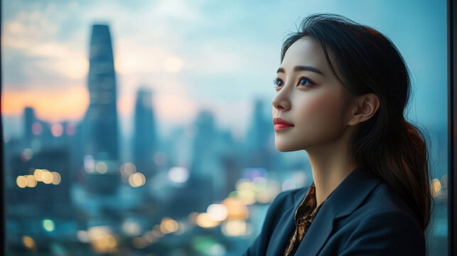 Asian woman in a business suit gazes thoughtfully out of a large window, overlooking the city skyline from her office