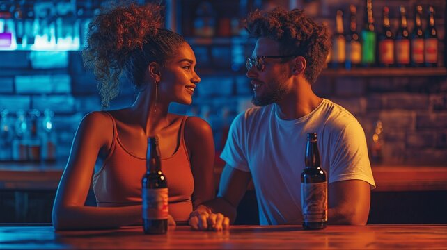 Standing near the bar counter in a nightclub, a young, fashionable man and his girlfriend enjoy a party while conversing and consuming bottles of beer.