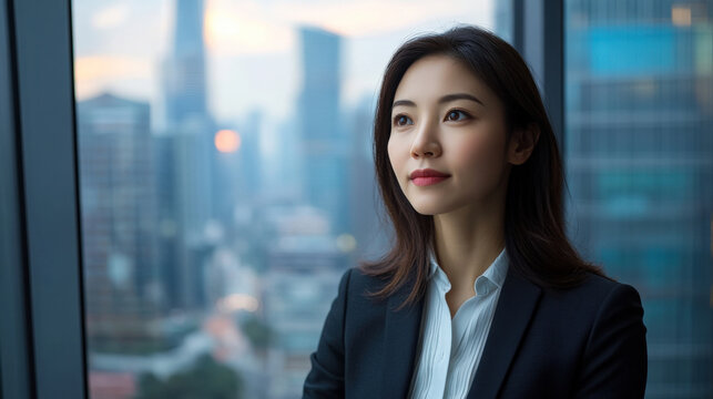 Asian woman in a business suit gazes thoughtfully out of a large window, overlooking the city skyline from her office