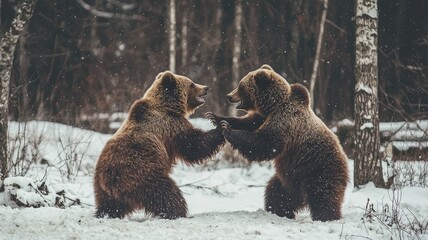 Obraz premium Two playful brown bears engage in a friendly duel amidst a snowy forest, showcasing their strength and camaraderie in nature.