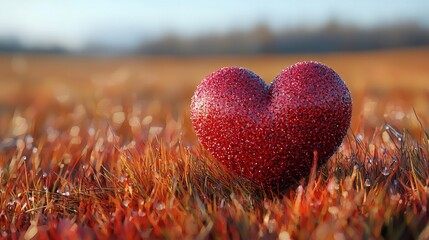 Fototapeta premium A glistening red heart shape rests on dewy grass during a tranquil morning in early autumn, capturing the essence of love and nature