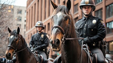 Obraz premium Two police officers on horseback patrol a city street, symbolizing law enforcement and community safety.