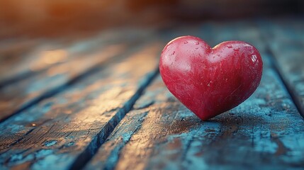 Fototapeta premium A bright red heart rests on a weathered wooden surface, capturing a moment filled with love and emotion during sunset