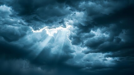 Obraz premium Stormy Clouds and Sunlight: Nature's Dance of Darkness and Light in a Majestic Sky Display. Nature Weather Condition Concept