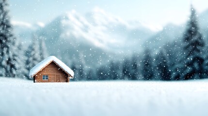 Charming Log Cabin Surrounded by Heavy Snowfall in a Majestic Mountain Landscape. Nature Weather Condition Concept