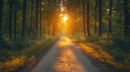 Obraz premium Sunlight streaming through trees alongside a serene forest path during the golden hour in early evening