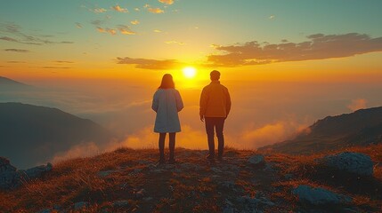 Fototapeta premium Couple enjoying a breathtaking sunset over misty mountains in a serene location during the evening hours
