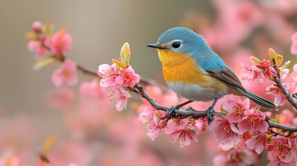 A colorful bird perched on a cherry blossom branch during springtime in a serene natural setting