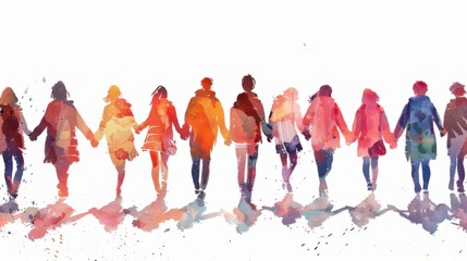 Naklejka premium A watercolor illustration of multiple people holding hands,&nbsp;walking towards the camera on a white background