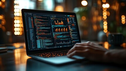 A person coding on a laptop displaying data analytics and graphs in a cozy setting.