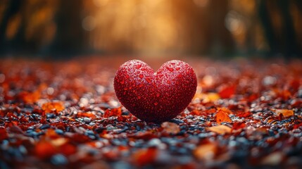 Fototapeta premium A shimmering red heart resting on a bed of vibrant autumn leaves in a soft, golden light during the fall season