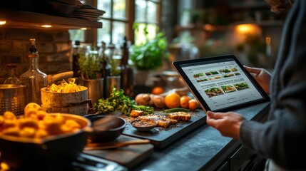 A person using a tablet in a cozy kitchen filled with fresh ingredients and cooking tools.