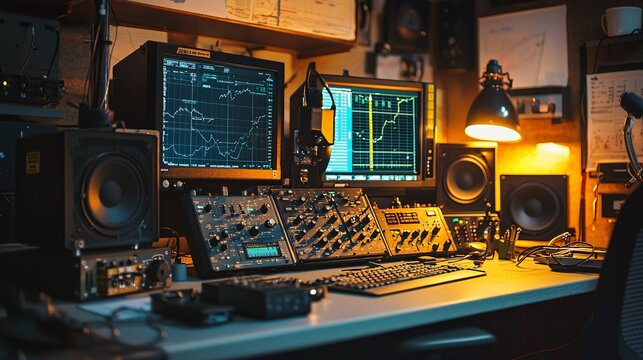 A contemporary workspace showcases advanced communication technology with shortwave radio gear, including antennas, receivers, and informative charts.