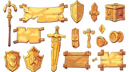 Fototapeta premium An illustration of gold game interface frames,&nbsp;medieval menu items,&nbsp;buttons,&nbsp;or banners isolated on a white background.&nbsp;A cartoon illustration of modern technology