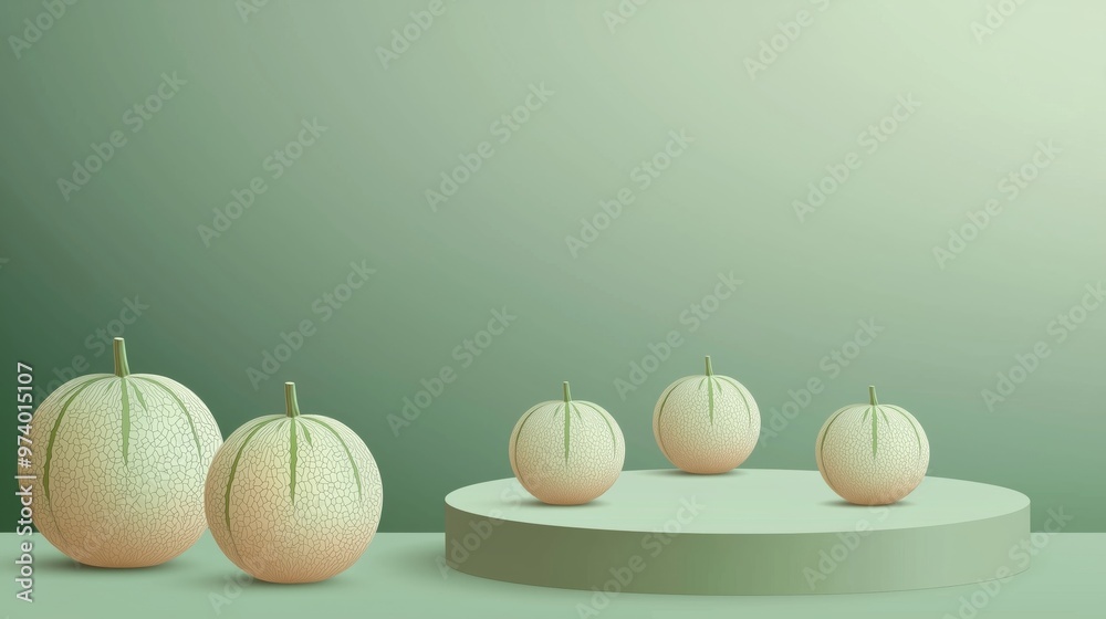 Wall mural A vector illustration of an empty podium with miniature melons arranged around, isolated on a muted green background