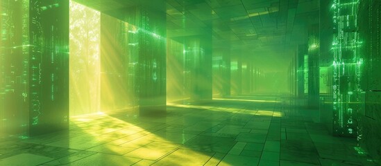 Fototapeta premium Futuristic and modern interior design of an illuminated neon green corridor with glowing lines geometric shapes and a minimalist architectural layout creating a serene technological and atmosphere