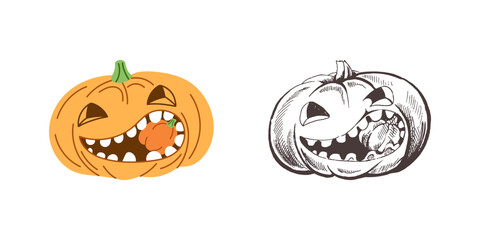 Vector flat and hand drawn style Halloween Illustration. Hand-drawn scary pumpkin sketch isolated on white background. Element for labels, packaging and cards design.
