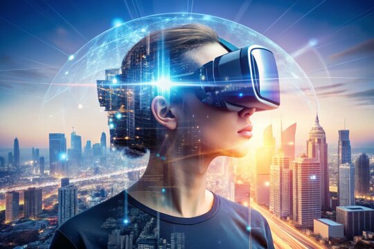 Augmented reality headset worn by person with futuristic cityscape virtually overlapping real-world environment,