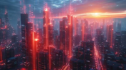 Fototapeta premium Breathtaking aerial view of a futuristic high tech city skyline illuminated with glowing neon colored skyscrapers and infrastructure against a dramatic sunset or sunrise sky Modern