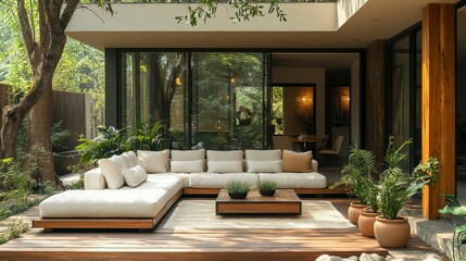 A serene outdoor lounge area with modern furniture and lush greenery.