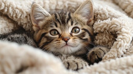 Playful tabby kitten snuggles comfortably in a warm, fluffy blanket during a cozy afternoon indoors