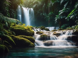 Obraz premium Majestic Waterfall Cascading Through Lush Jungle.