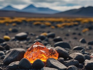 View over dangerous volcanic desert in Iceland with rocks thrown by eruptions and off road trek in summer.