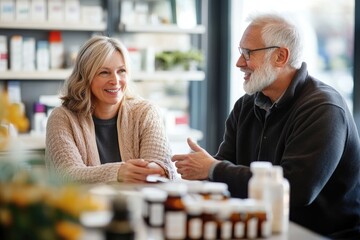 Fototapeta premium A couple discussing holistic health with a homeopathic healthcare provider in a cozy clinic, with natural remedies neatly arranged.