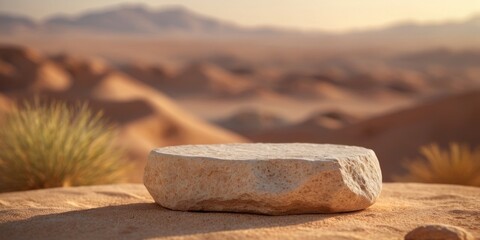 A stone podium for the product on desert arab background.