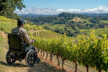 Obraz premium A motorized wheelchair user tours a vineyard, enjoying the scenic view of rolling hills covered in grapevines with perfect weather for an outdoor wine tasting