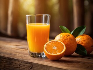 A glass of fresh orange juice sits beside whole oranges on a rustic wooden surface.