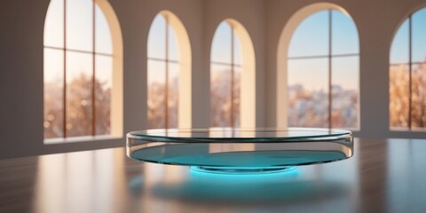 Fototapeta premium Minimalist Interior with Arches and Glass Platform.