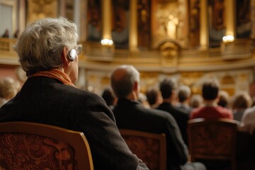 A person with a hearing aid attends a classical music concert in an ornate hall, with an elegant atmosphere and an appreciative audience quietly enjoying the performance