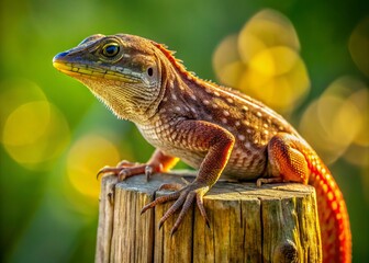 Fototapeta premium A vibrant brown anole lizard perches on a weathered wooden fence post, its scaly skin glistening in warm