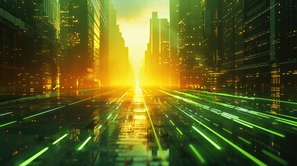 Breathtaking futuristic cityscape with towering skyscrapers glowing neon lights and dynamic traffic patterns showcasing the rapid technological advancement and urban progress of a modern metropolis
