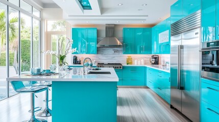 Contemporary kitchen with glossy turquoise cabinets, white marble countertops, and chrome fixtures, creating a sleek, fresh look