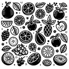 Monochrome Fruit and Leaf Vector Pattern - Seamless Decorative Design
