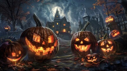 Naklejka premium Large glowing jack-o'-lanterns in front of a haunted house under a full moon