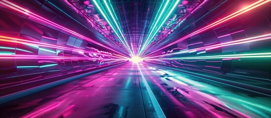 Futuristic neon tunnel of light and energy bursting into infinite space creating a mesmerizing and visionary path through a vivid luminescent and transcendent digital landscape