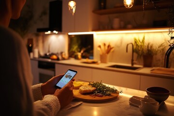 In a modern kitchen, a person adjusts the lighting and temperature using a smart home app, creating a warm and inviting space for a family meal.