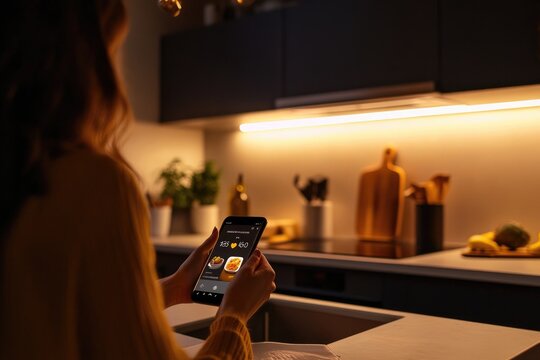 In a modern kitchen, a person adjusts the lighting and temperature using a smart home app, creating a warm and inviting space for a family meal.