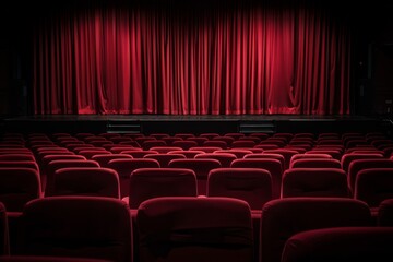 Obraz premium An empty movie theater with rows of vibrant red seats and elegant curtains, evoking a quiet and cinematic atmosphere before the show begins