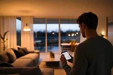 A man in a contemporary living room uses a smart home app to manage lighting and temperature, setting a warm and welcoming atmosphere with modern technology.