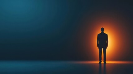 Fototapeta premium A business leader standing tall with glowing energy on dark background, symbolizing empowerment and making a lasting impact in the corporate world