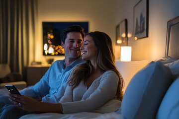 A couple in a sleek bedroom uses a smart home app to adjust the lighting and thermostat, creating a serene and comfortable setting with smart technology.