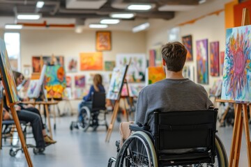 Obraz premium A motorized wheelchair user attends an art class, painting alongside other students in a brightly lit studio filled with easels and colorful artworks